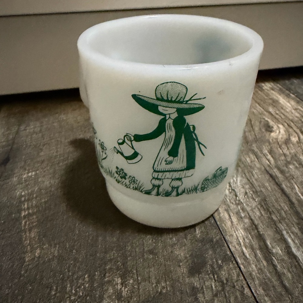 Termocrisa milk glass mug Holly hobby girl  watering flowers vintage